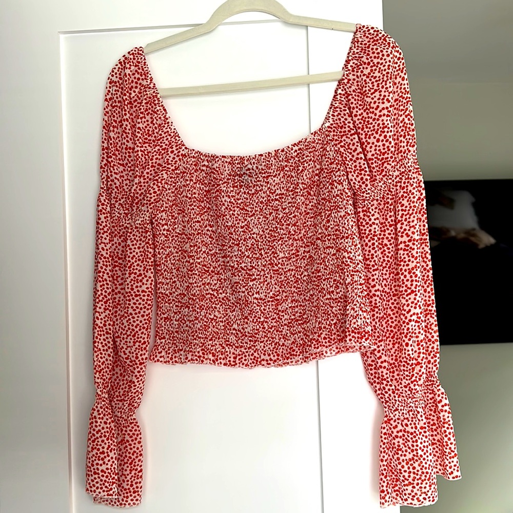 white and red cropped long sleeve shirt size medium. square neck